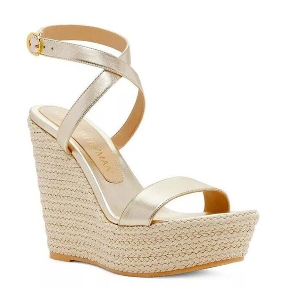 $550 Stuart Weitzman Alex Platform 5.5" Wedge WOVEN RAFFIA GOLD LEATHER 8 (DB12) - Picture 1 of 6